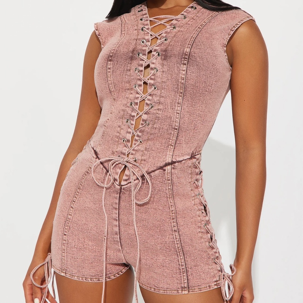 fashion nova lace up denim romper